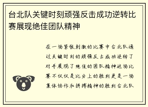 台北队关键时刻顽强反击成功逆转比赛展现绝佳团队精神
