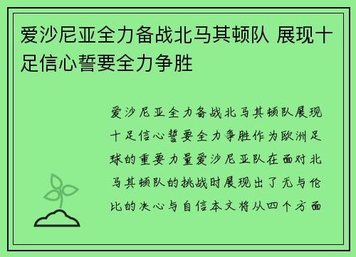 爱沙尼亚全力备战北马其顿队 展现十足信心誓要全力争胜