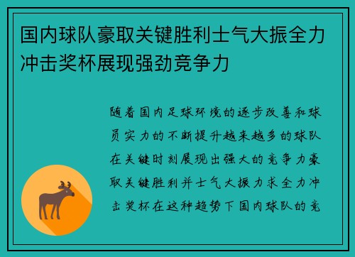 国内球队豪取关键胜利士气大振全力冲击奖杯展现强劲竞争力