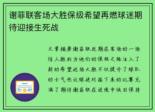 谢菲联客场大胜保级希望再燃球迷期待迎接生死战