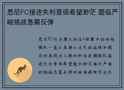悉尼FC接连失利晋级希望渺茫 面临严峻挑战急需反弹