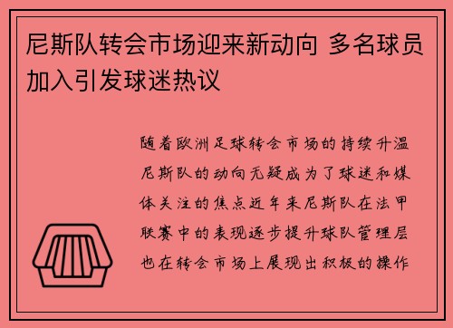 尼斯队转会市场迎来新动向 多名球员加入引发球迷热议