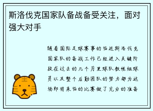 斯洛伐克国家队备战备受关注，面对强大对手