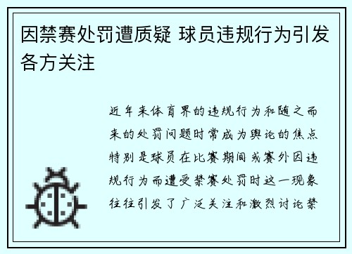 因禁赛处罚遭质疑 球员违规行为引发各方关注