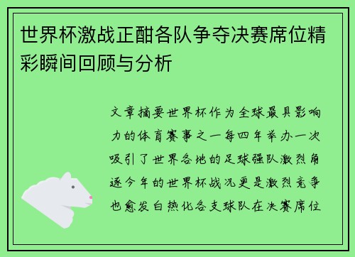世界杯激战正酣各队争夺决赛席位精彩瞬间回顾与分析